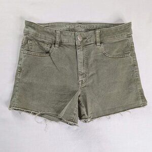 American Eagle Green Denim Raw Hem Hi Rise Shortie Shorts